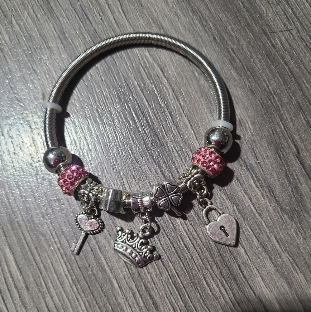 Pink and silver charm bracelet